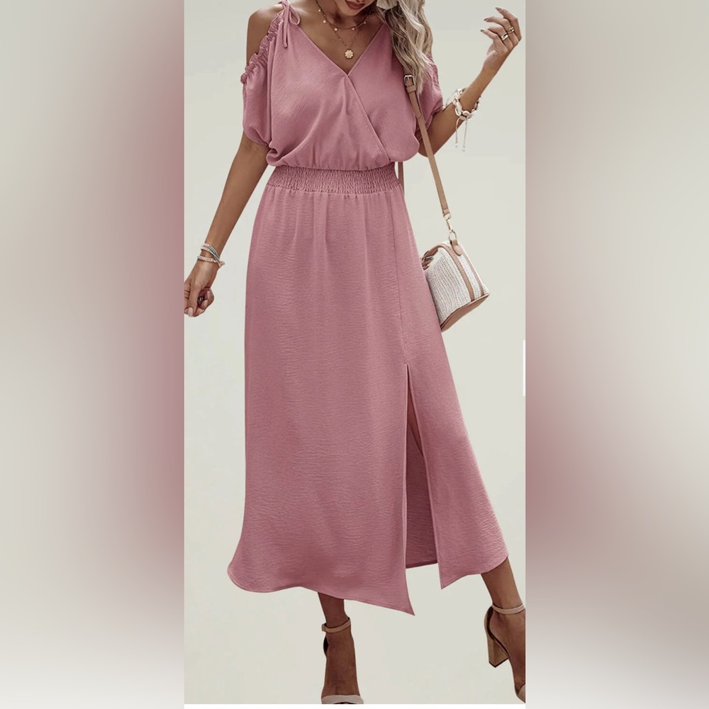 Maxi Dress Wrap V Neck Cold Shoulder Split Smocked High Waist Long Dresses